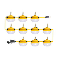 Ten yellow and black LED construction string lights on a a0 foot power cable on aa white background.