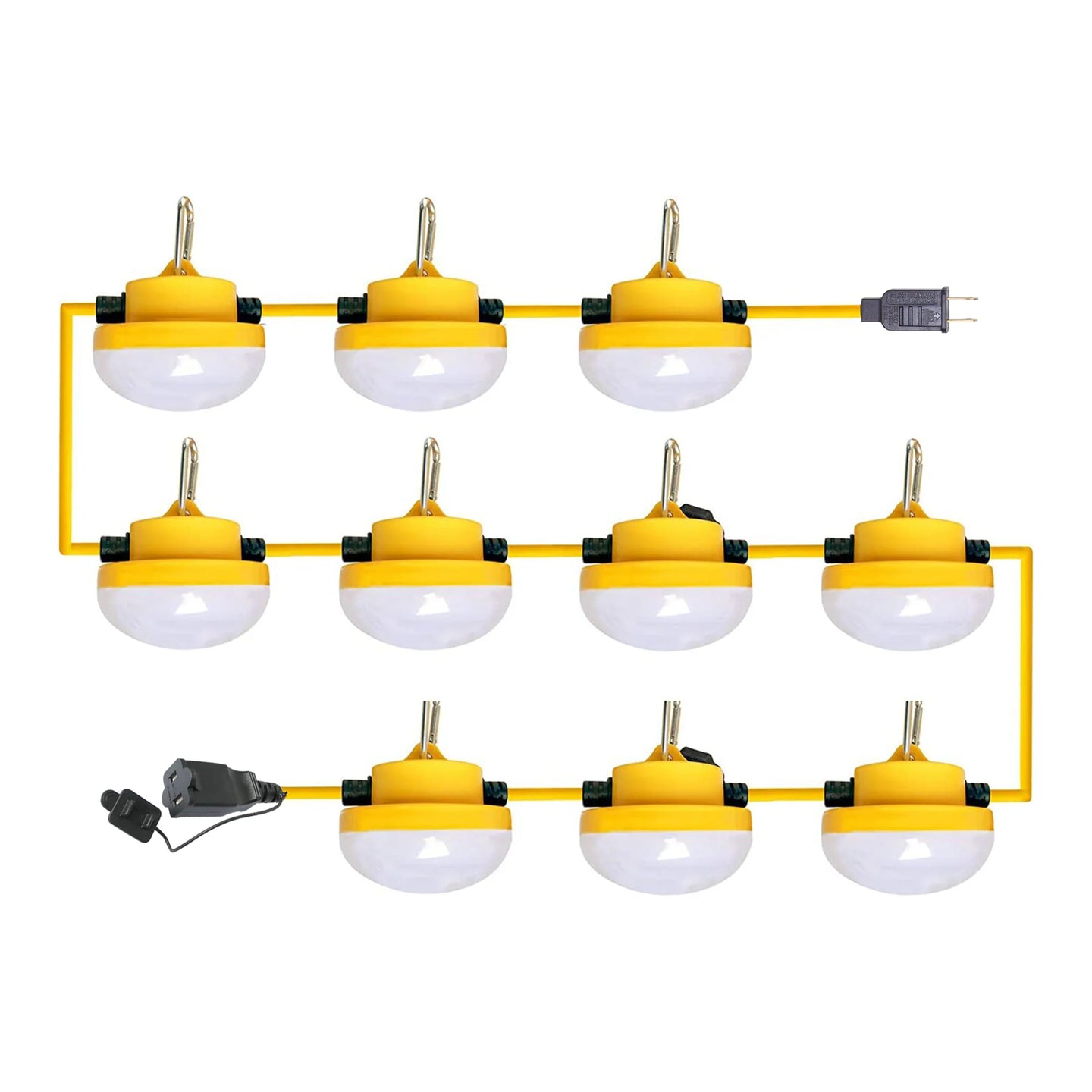 Ten yellow and black LED construction string lights on a a0 foot power cable on aa white background.