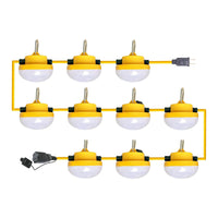 Ten yellow and black LED construction string lights on a a0 foot power cable on aa white background.