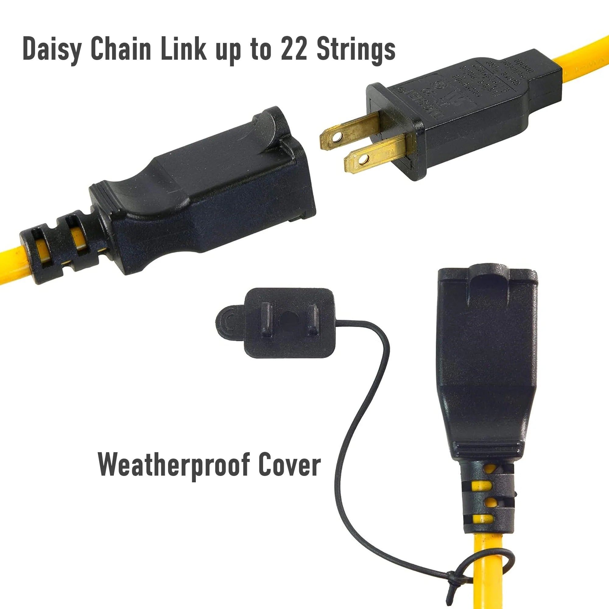A graphic depicting the yellow power cable and black connection points and weatherproof cover on a white background.