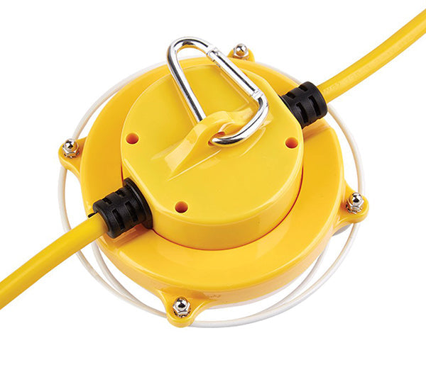 String light mounting cable with carabiner and yellow cable on a white background.