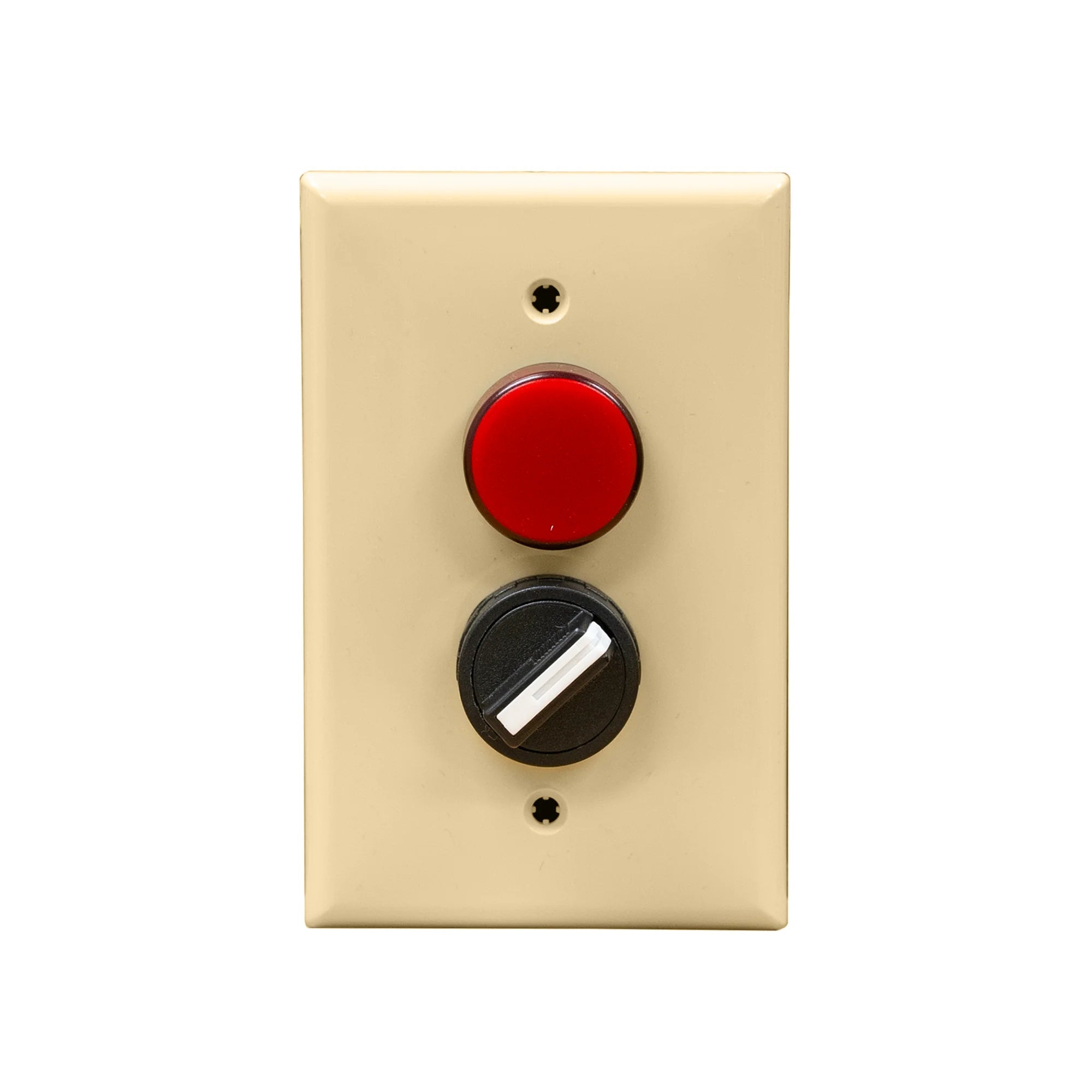 Ivory wall plate with red LED pilot light and 2 position switch mounted on a white background.