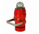 A red explosion proof high output radial alarm horn with a Xenon strobe beacon, featuring a clear dome top and a mounting bracket.