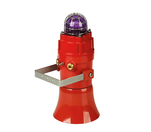 A red explosion proof high output alarm horn with a re-entrant flare horn and a 10 joule Xenon strobe beacon, made of corrosion proof aluminum, with visible control knobs and mounting bracket.
