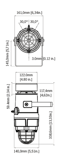 Black on white technical diagram depicting product dimensions.