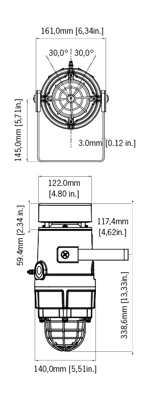 Black on white technical diagram depicting product dimensions.