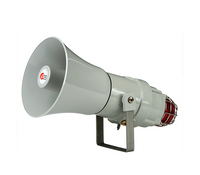 A gray re-entrant flare horn combined with a Xenon strobe beacon, mounted on a bracket, with red and white accents on the strobe.