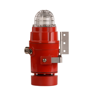 A red horn alarm sounder with a clear protective dome on top and wall mount.