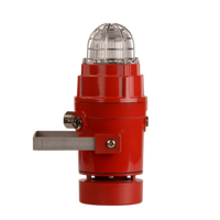 A red horn alarm sounder with a clear protective dome on top and U-bolt mount.