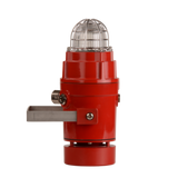 A red horn alarm sounder with a clear protective dome on top and u-bolt mount.