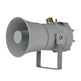 Grey explosion proof high output alarm horn sounder with re-entrant flare horn, mounted on a bracket.