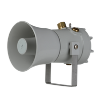 Grey explosion proof high output alarm horn sounder with re-entrant flare horn, mounted on a bracket.