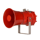 Red explosion proof high output alarm horn sounder with re-entrant flare horn, mounted on a bracket.