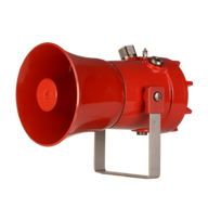Red explosion proof high output alarm horn sounder with re-entrant flare horn, mounted on a bracket.
