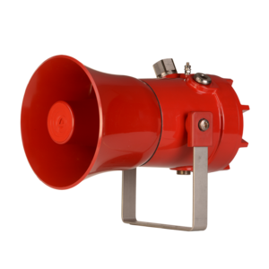 Red explosion proof high output alarm horn sounder with re-entrant flare horn, mounted on a bracket.