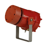 Red industrial loudspeaker on a white background.