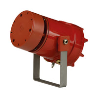 Red industrial loudspeaker on a white background.