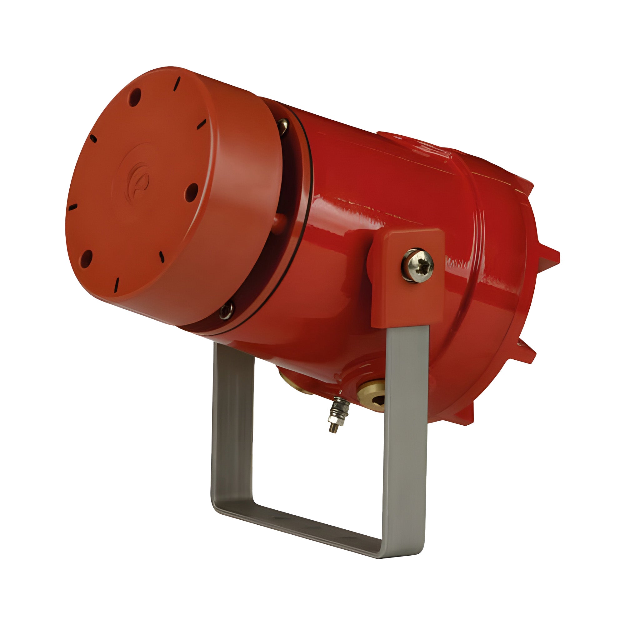 Red industrial loudspeaker on a white background.