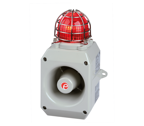 An industrial alarm horn sounder with a red Xenon beacon light, enclosed in a gray metal housing with a protective grill.