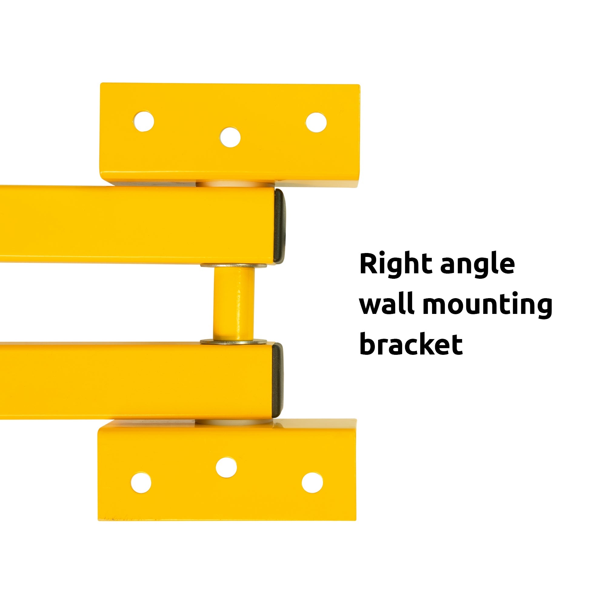 Close up depiction of right angle of yellow mounting bracket.