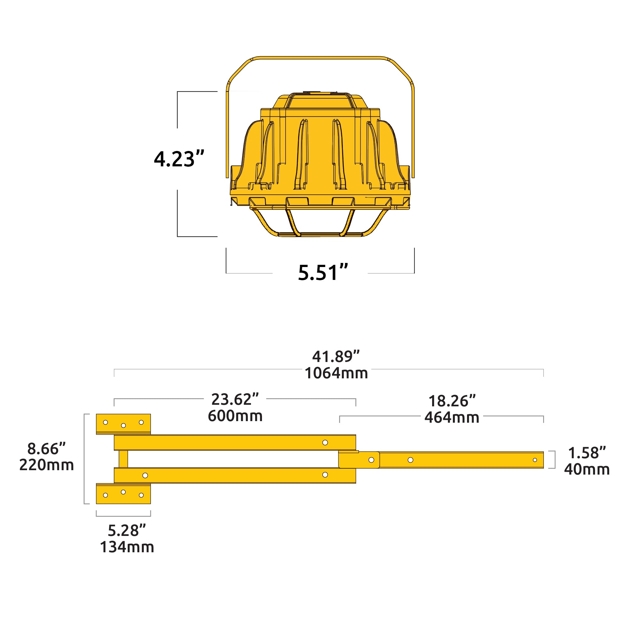 Black and yellow technical diagram with product dimensions on a white background.