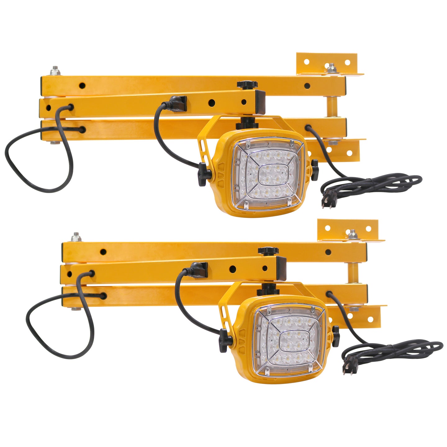 Two yellow industrial lights with metal brackets on a white background
