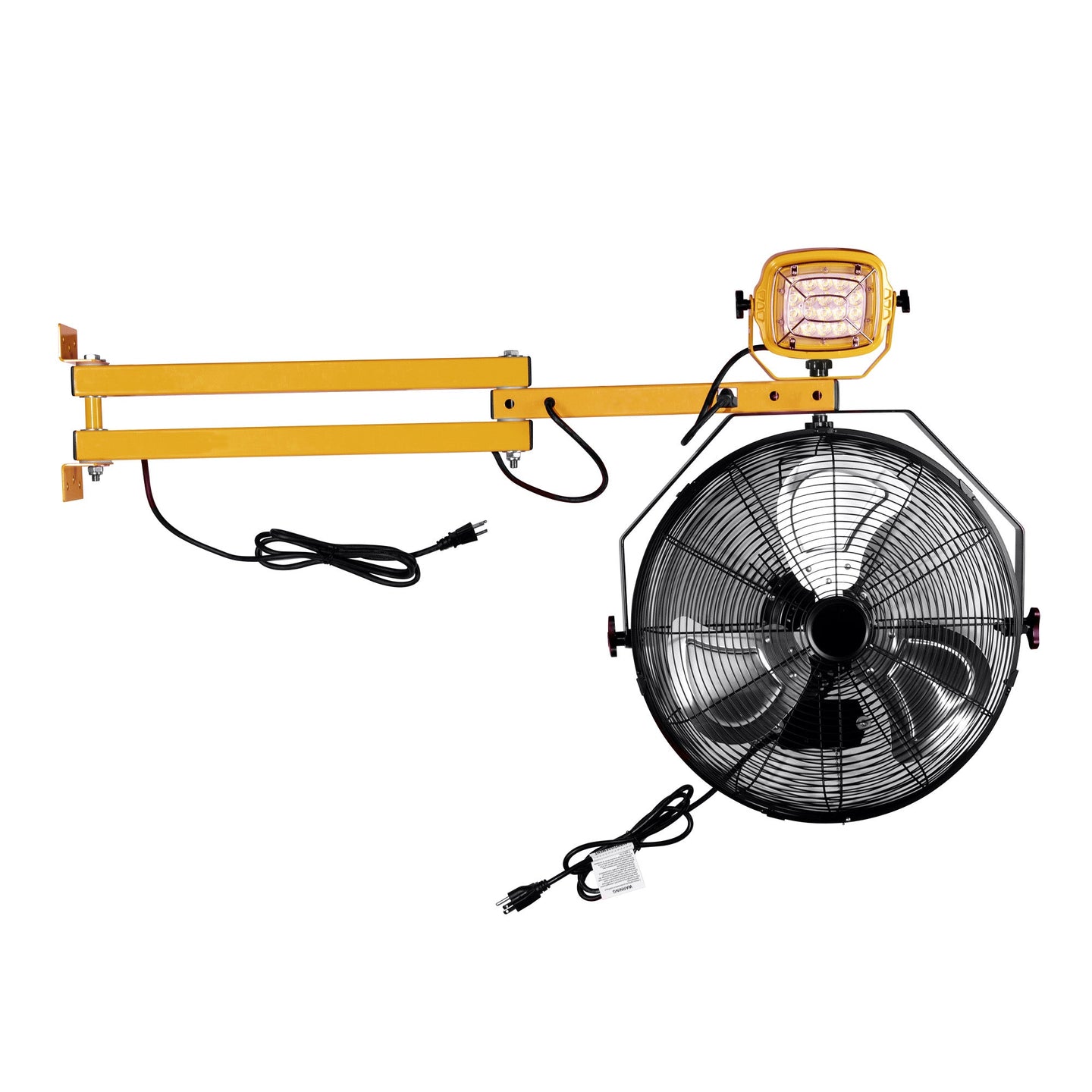 Black and yellow swing arm dock light with combination wall fan below.
