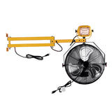 Black and yellow swing arm dock light with combination wall fan below.