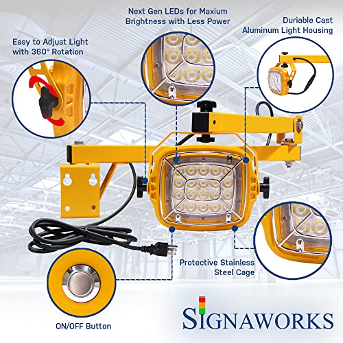 A graphic highlighting the yellow dock light articulation, LED quality, stainless cage, power button and overall durability.