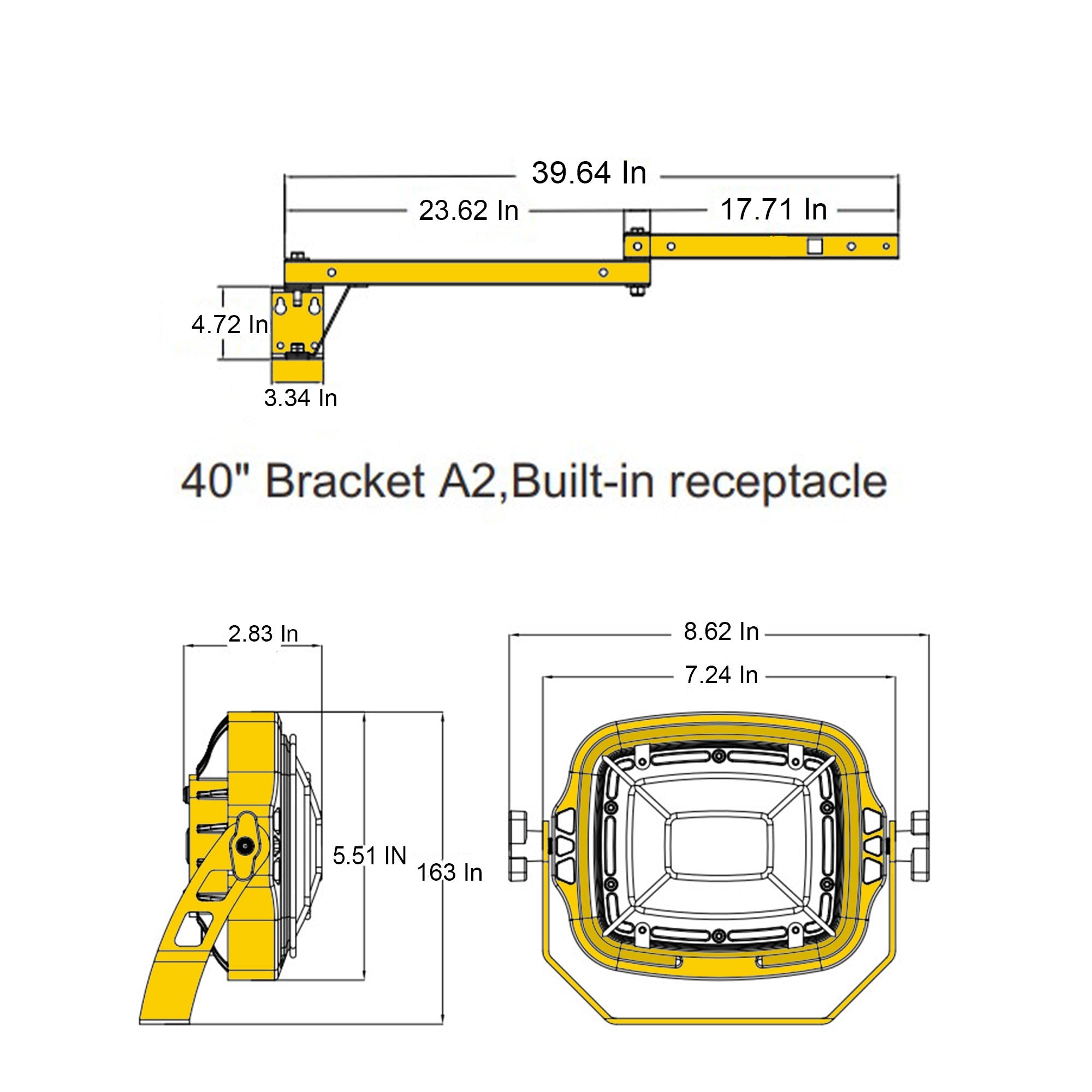 A yellow, black and white diagram depicting the dimensions of single-arm swing arm dock light and fixture.