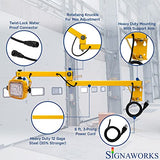 A graphic highlighting the articulation of the yellow swing arm dock light, its power cord, steel tubing, waterproof connectors and heavy duty mounting bracket.