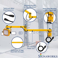 A graphic highlighting the articulation of the yellow swing arm dock light, its power cord, steel tubing, waterproof connectors and heavy duty mounting bracket.