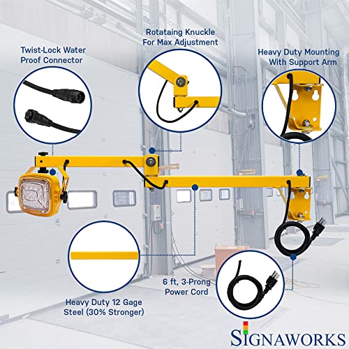 A graphic highlighting the articulation of the yellow swing arm dock light, its power cord, steel tubing, waterproof connectors and heavy duty mounting bracket.