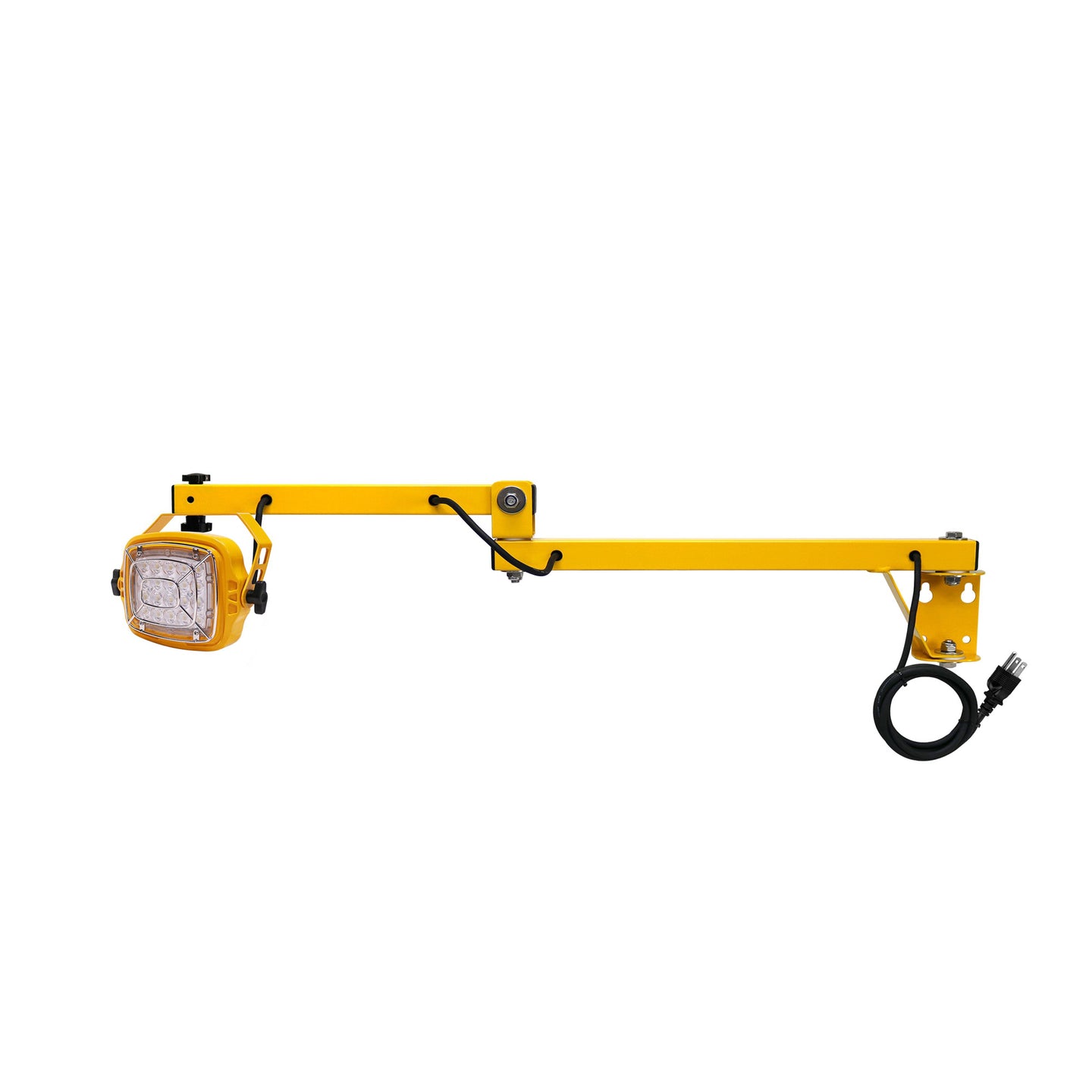 Yellow industrial spotlight with arm extended on a white background.