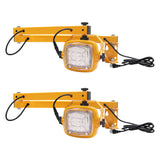 Two yellow work lights with flexible arms on a white background
