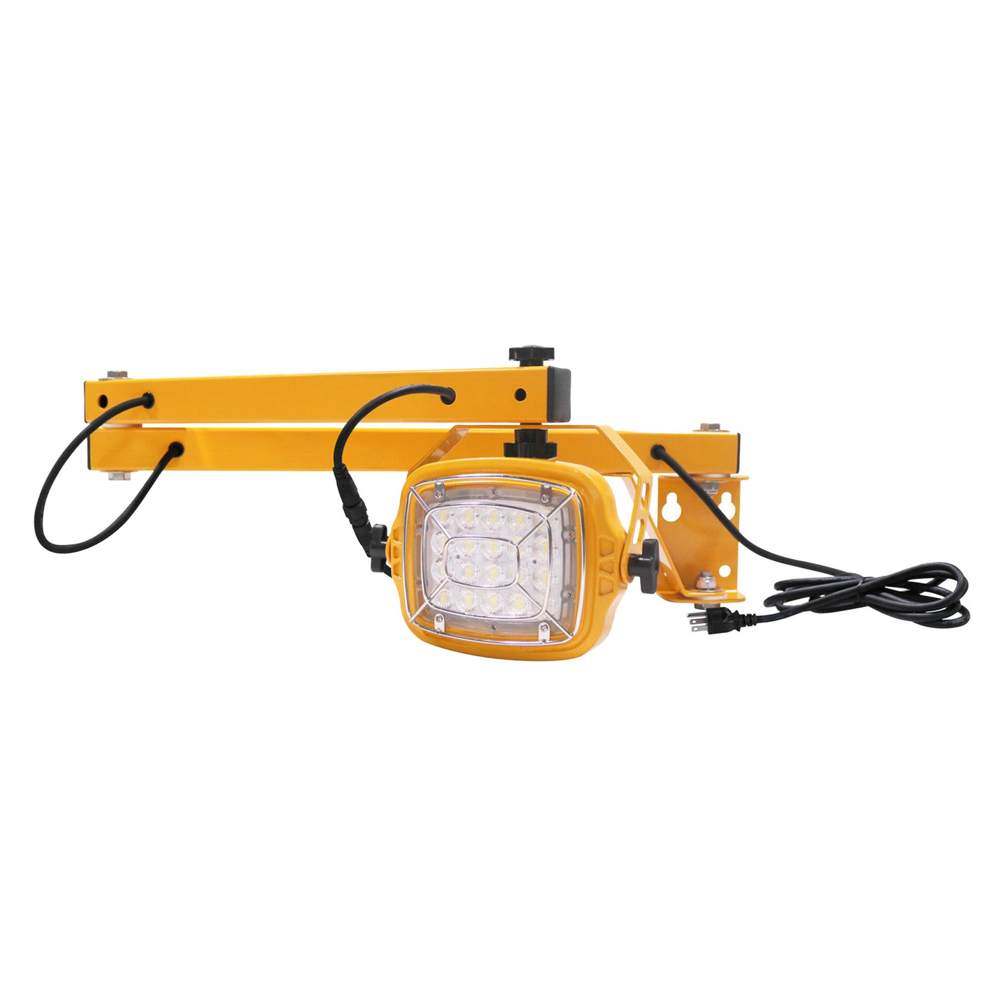 Yellow work light with articulating single-arm on a white background.