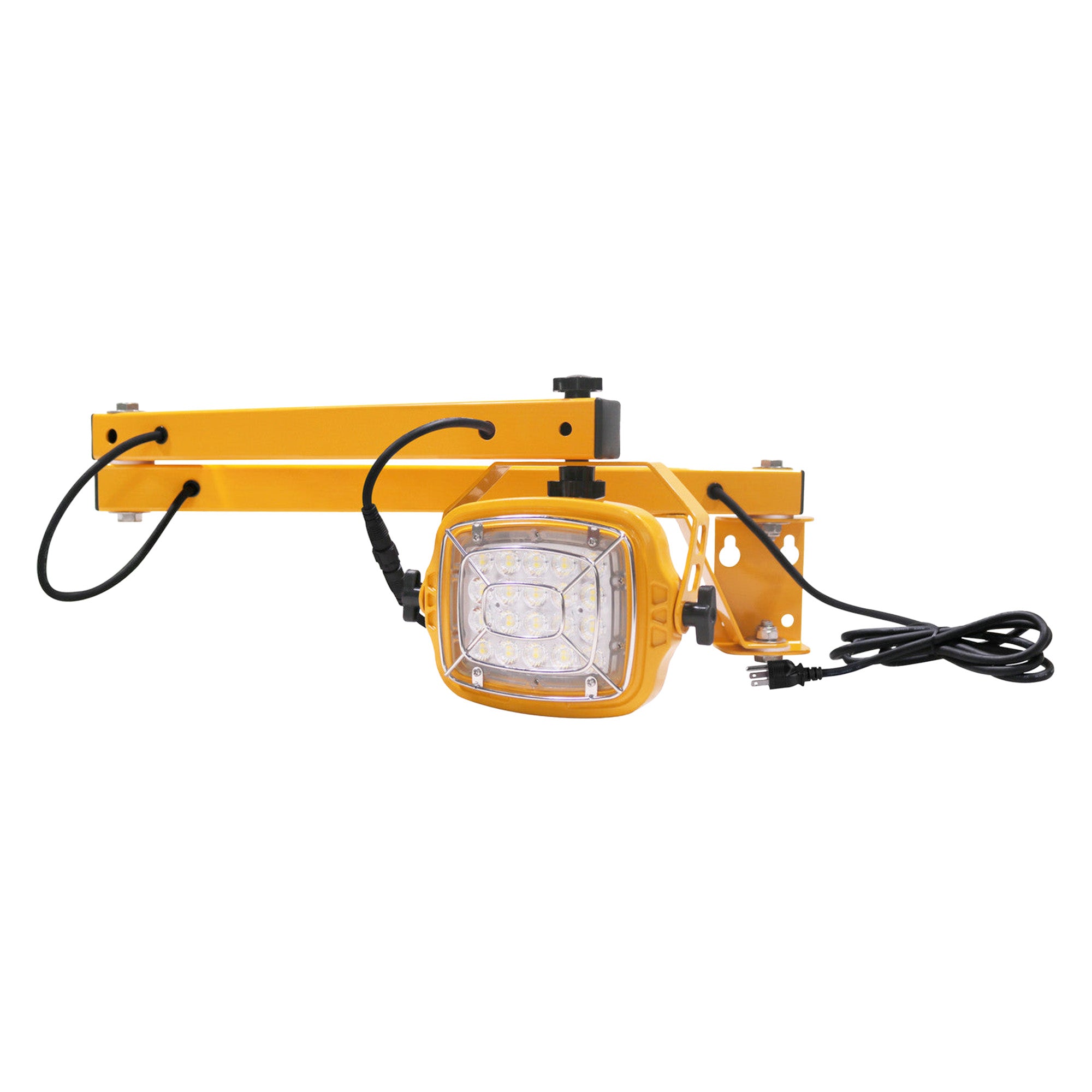 Yellow work light with articulating single-arm on a white background.