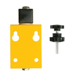 Yellow bracket with predrilled holes, black plastic twist knobs and metal threaded bolt hardware.