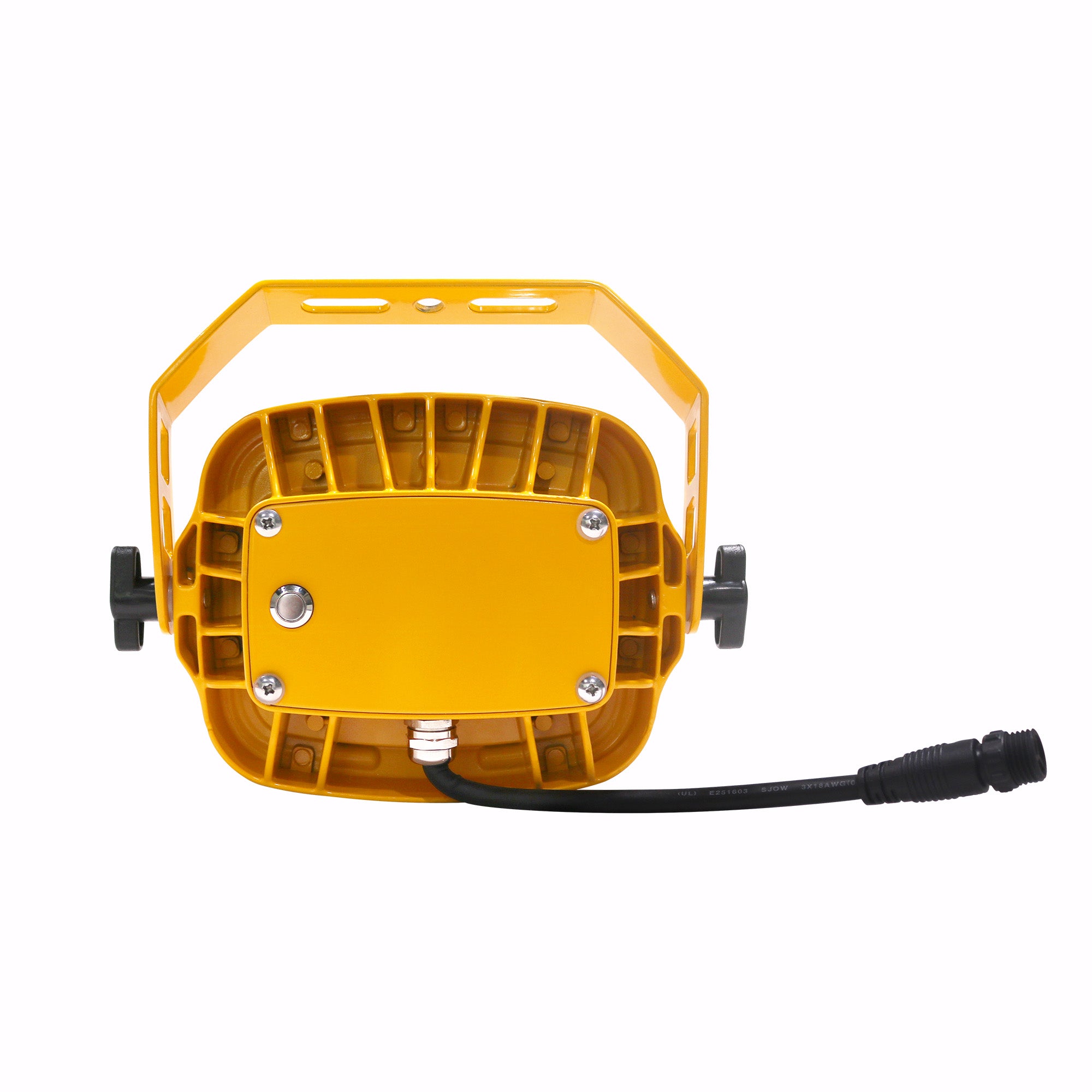 Yellow industrial light fixture on a white background