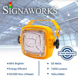 A 'Signaworks' branded graphic depicting light efficiency and output along with a 5 year warranty badge.