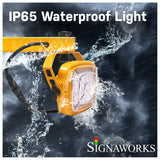 Swing arm dock light demonstrating it's IP65 waterproof rating during inclement weather conditions.