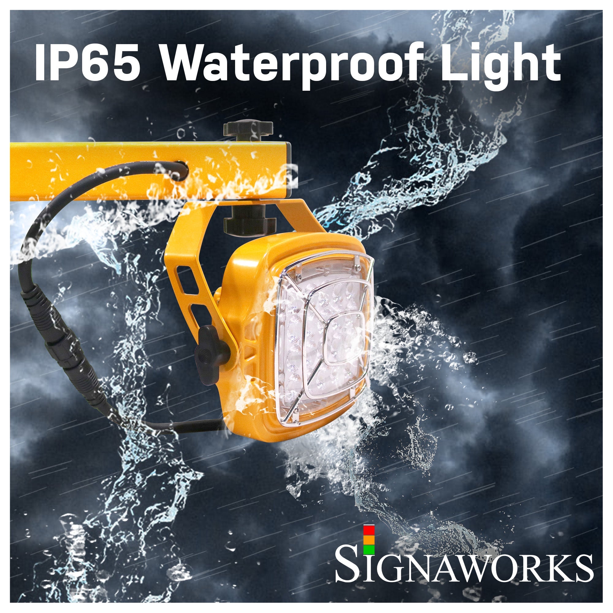 Swing arm dock light demonstrating it's IP65 waterproof rating during inclement weather conditions.