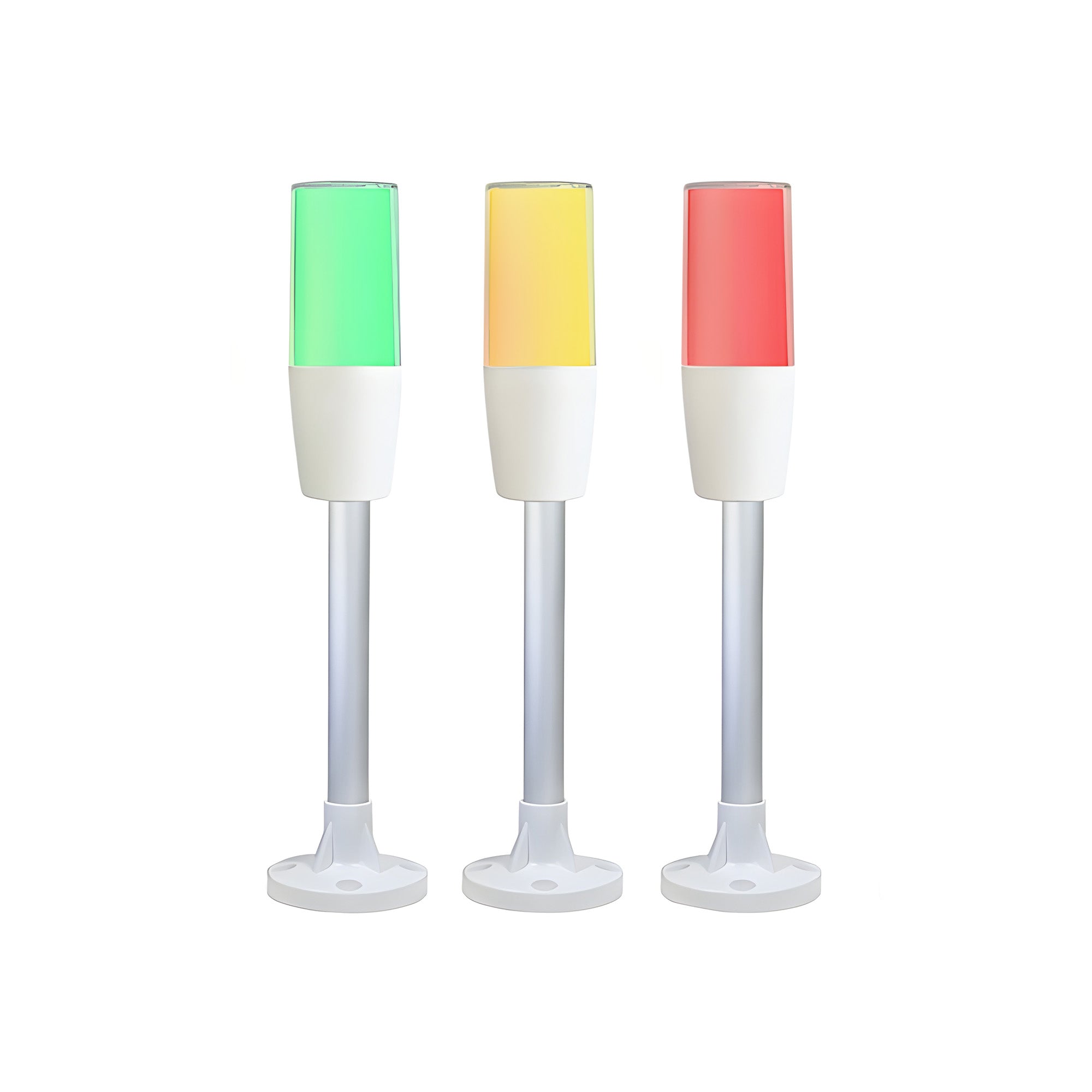Diffused pole-mounted tower light on flange mount, demonstrating color options; Green-Amber-Red on white background.