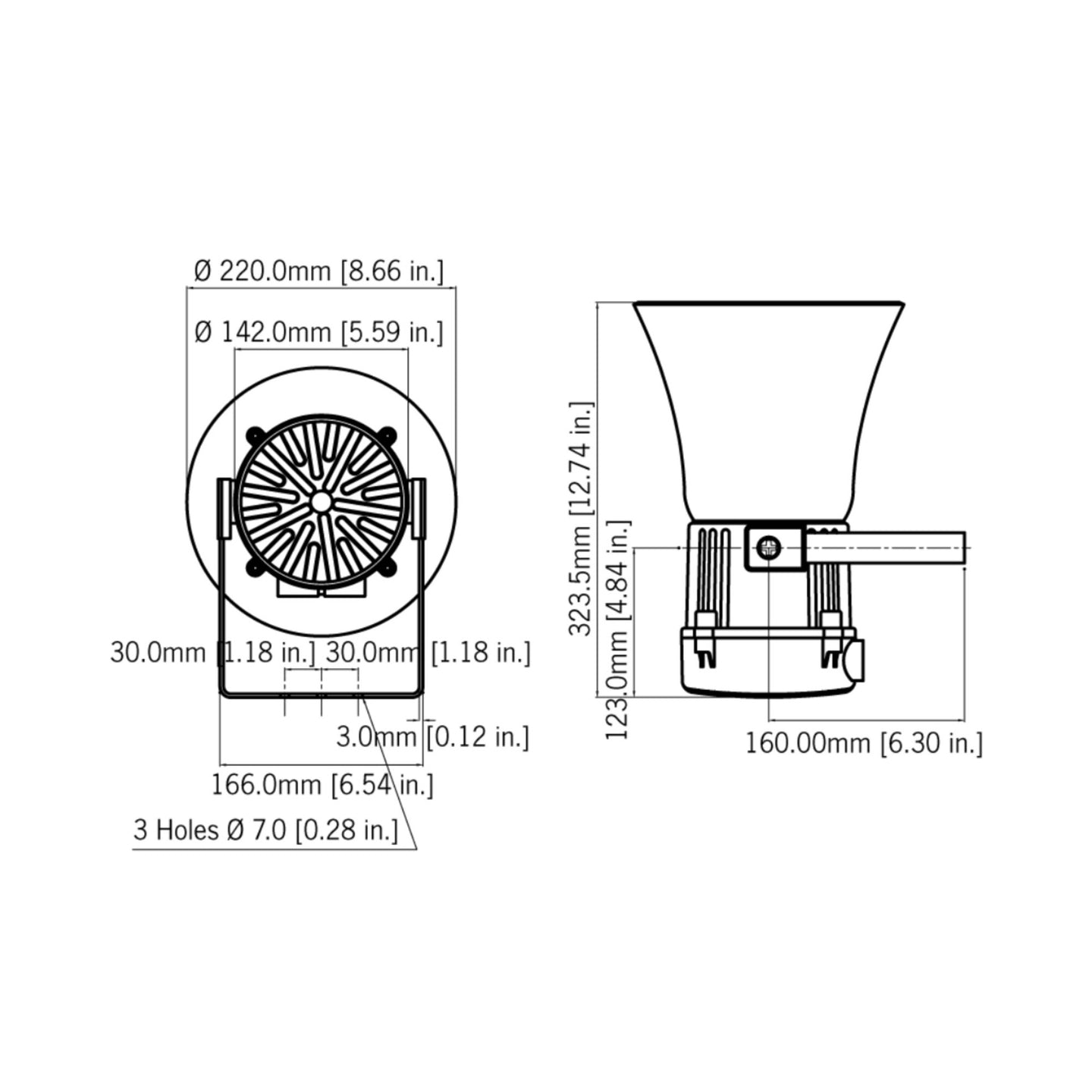 Black on white technical drawing depicting labeled product dimensions from 2 perspectives.