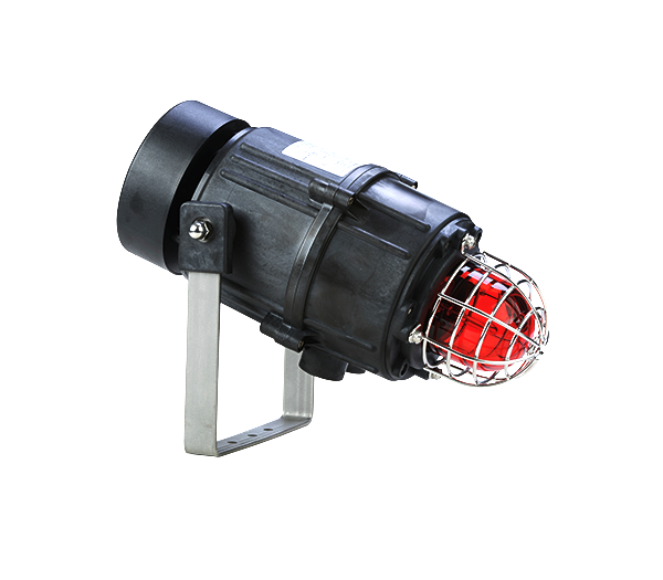 A black hazardous location combination radial horn and Xenon strobe beacon with a red cover and stainless steel bracket.