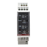 Front perspective of a white DIN rail timer with four dials and two light indicators on a white background.