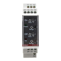 Front perspective of a white DIN rail timer with four dials and two light indicators on a white background.