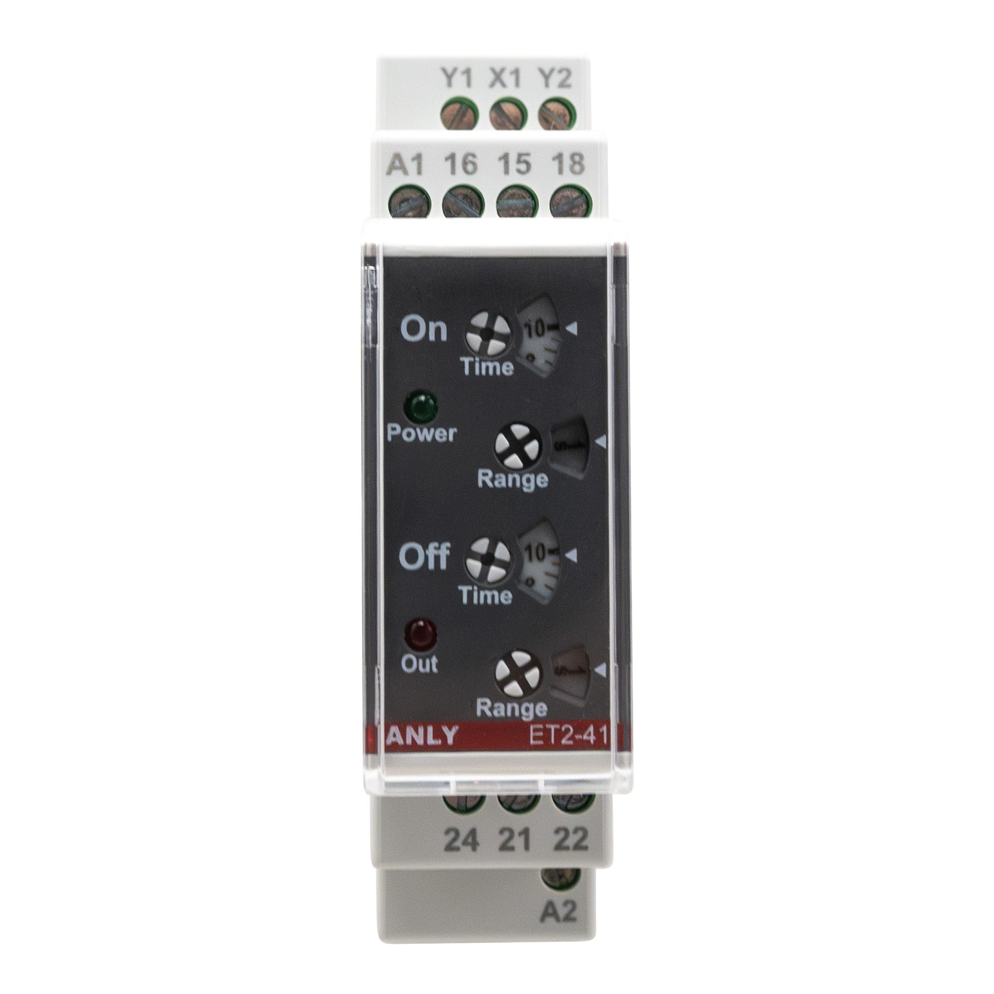 Front perspective of a white DIN rail timer with four dials and two light indicators on a white background.