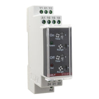 Angled perspective of a white DIN rail timer with four dials and two light indicators on a white background.