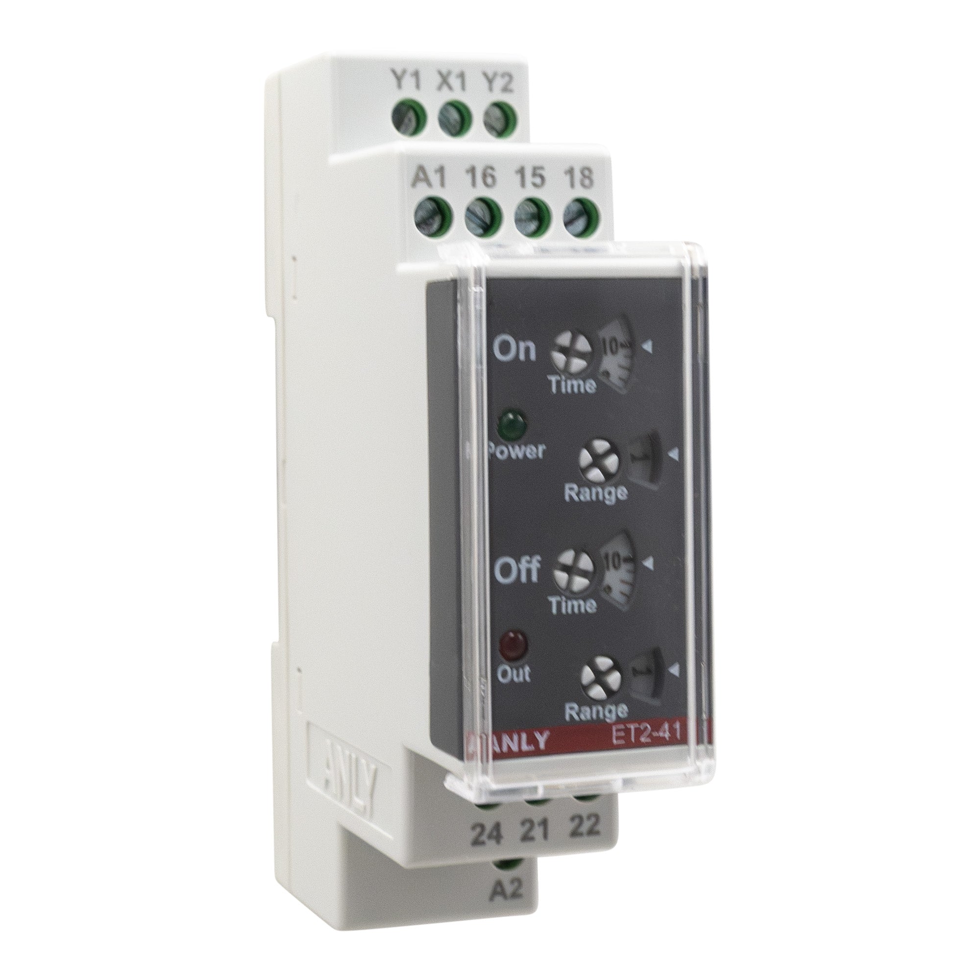 Angled perspective of a white DIN rail timer with four dials and two light indicators on a white background.